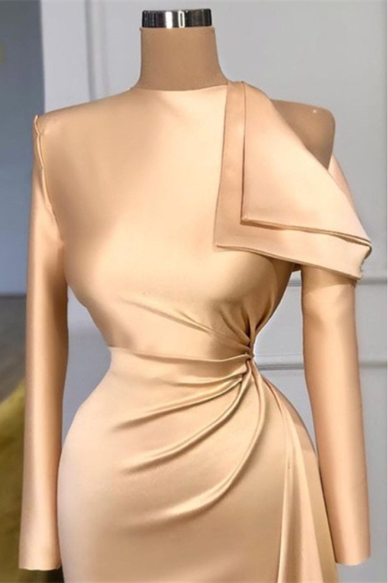 Brittany Simple Champagne High Neck Long Sleeves Sheath Prom Dresses