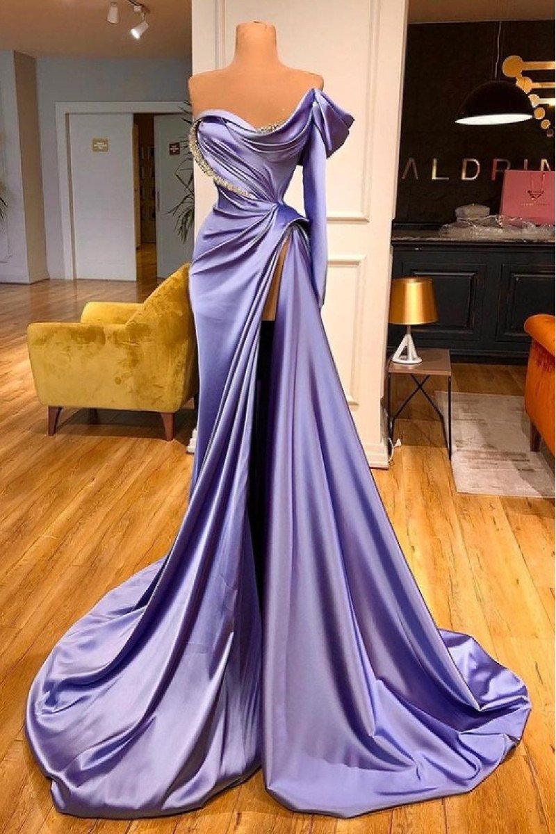 Brooklyn Beautiful Lavender Off Shoulder Side Slit Beading Sheath Prom Dresses With Ruffles