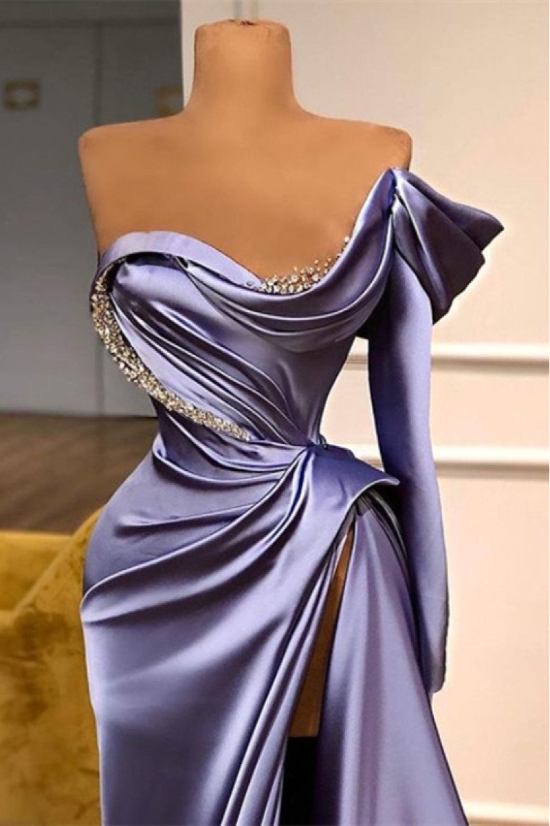 Brooklyn Beautiful Lavender Off Shoulder Side Slit Beading Sheath Prom Dresses With Ruffles