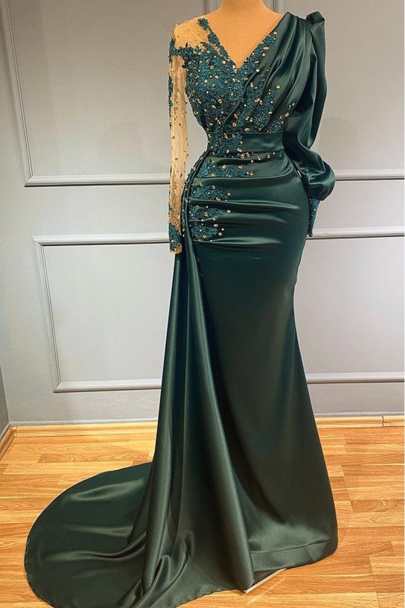 Candice Wonderful Dark Green V-Neck Long Sleeves Beading Sheath Prom Dresses