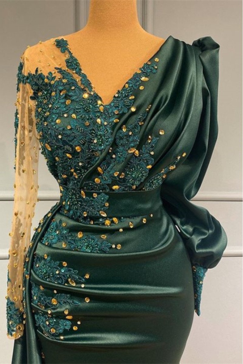 Candice Wonderful Dark Green V-Neck Long Sleeves Beading Sheath Prom Dresses