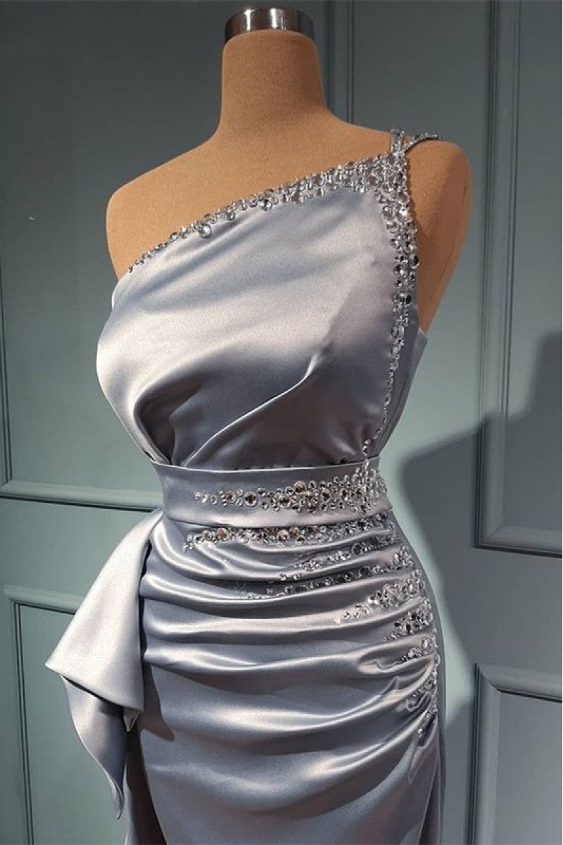 Cara Mild Gray One Shoulder Open Back Sheath Prom Dresses With Crystal