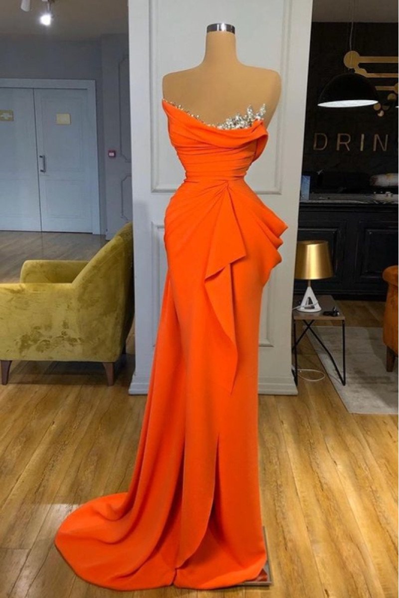 Carol Lovely Orange Strapless Ruffles Sheath Prom Dresses With Crystal