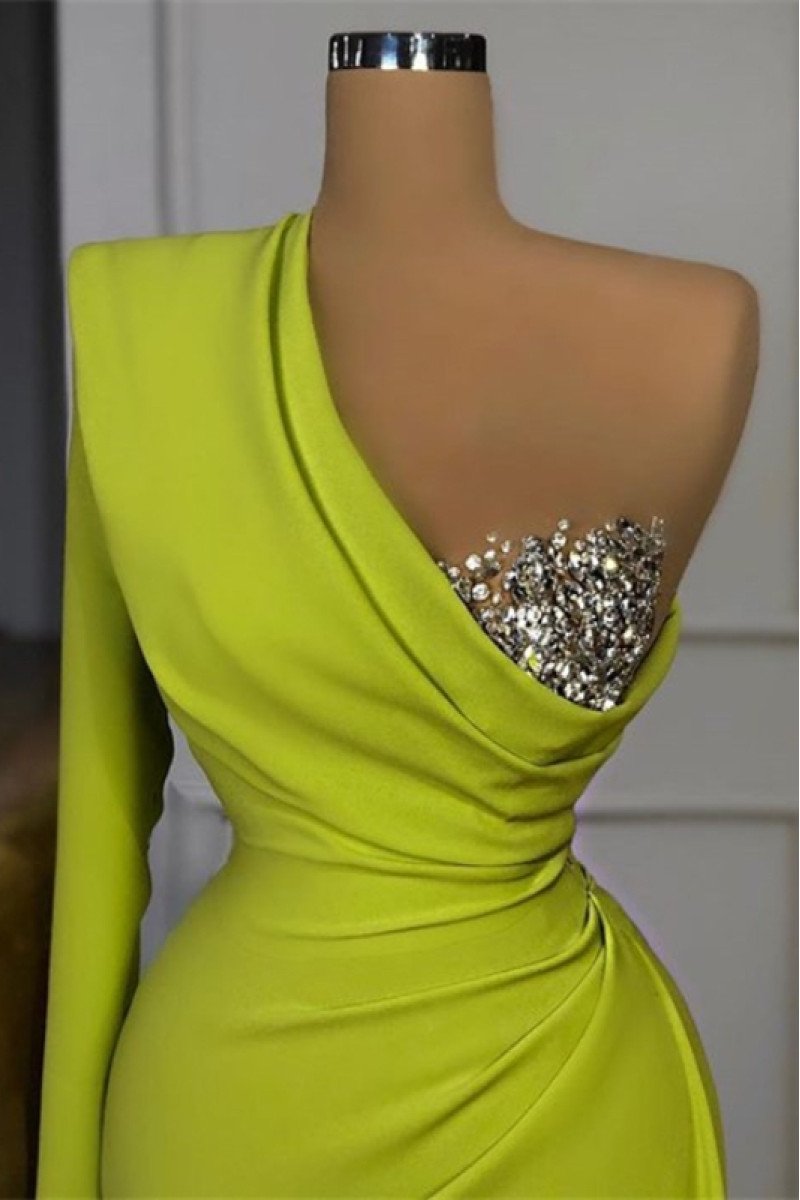 Caroline Mild Light Green One Shoulder Sheath Prom Dresses With Crystal