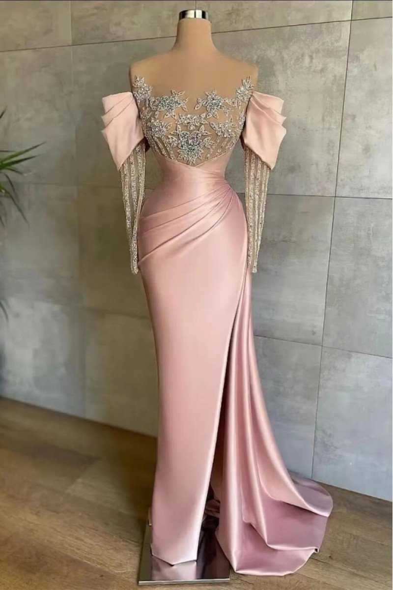 Cathy Lovely Candy Pink Off Shoulder Long Sleeves Appliques Sheath Prom Dresses