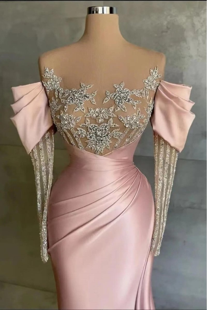 Cathy Lovely Candy Pink Off Shoulder Long Sleeves Appliques Sheath Prom Dresses