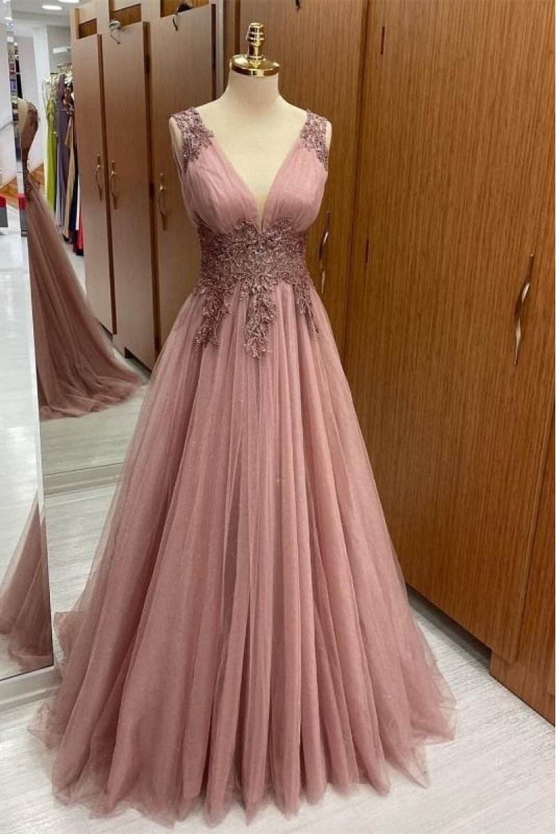 Cecilia Charming Nude Pink V-Neck Appliques A-Line Prom Dresses