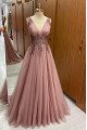 Cecilia Charming Nude Pink V-Neck Appliques A-Line Prom Dresses