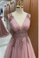 Cecilia Charming Nude Pink V-Neck Appliques A-Line Prom Dresses