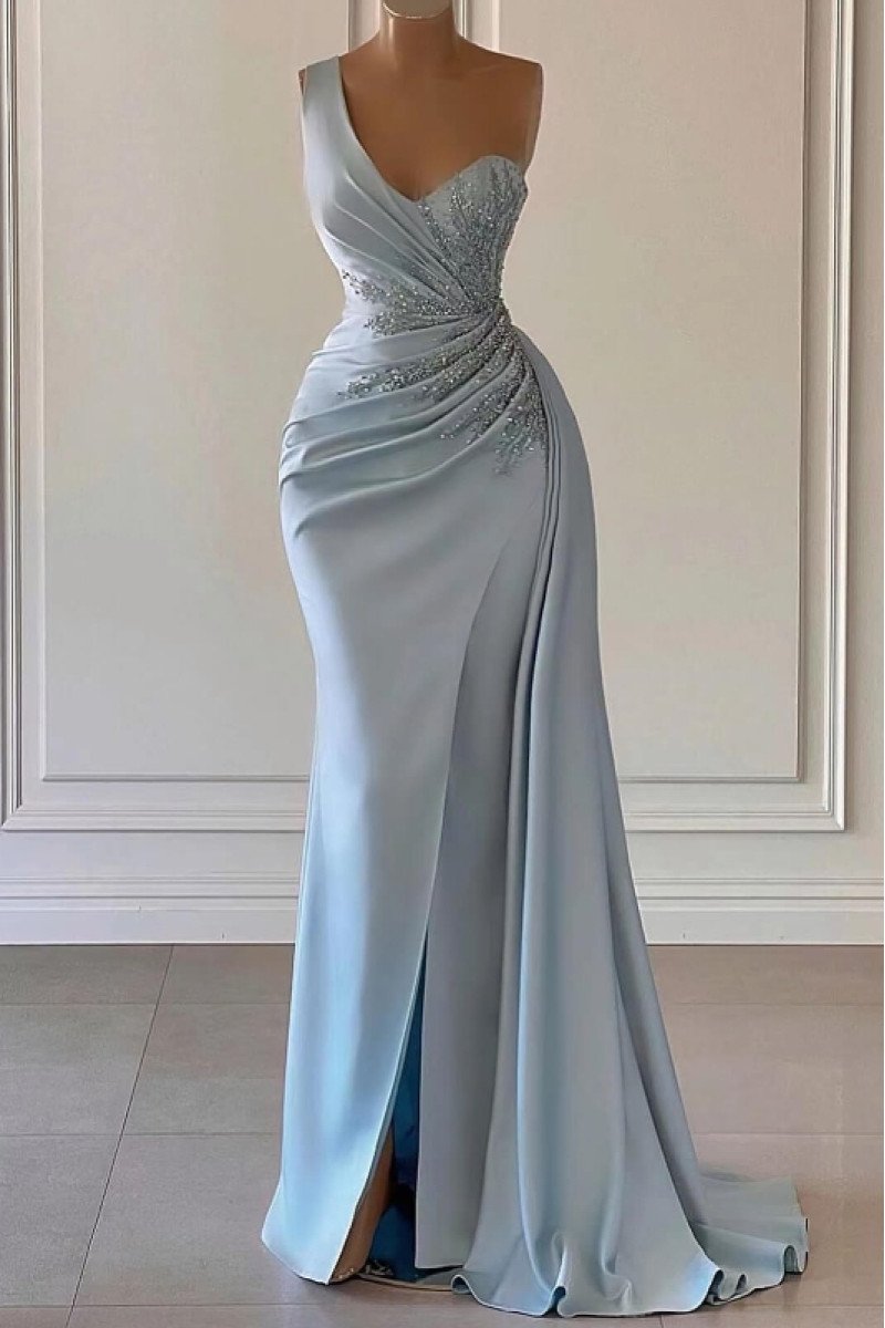 Celeste Chic Sky Blue One Shoulder Side Slit Sheath Prom Dresses With Crystal