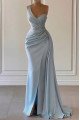 Celeste Chic Sky Blue One Shoulder Side Slit Sheath Prom Dresses With Crystal