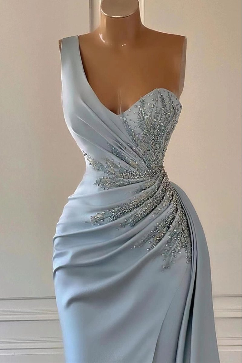 Celeste Chic Sky Blue One Shoulder Side Slit Sheath Prom Dresses With Crystal