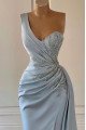 Celeste Chic Sky Blue One Shoulder Side Slit Sheath Prom Dresses With Crystal