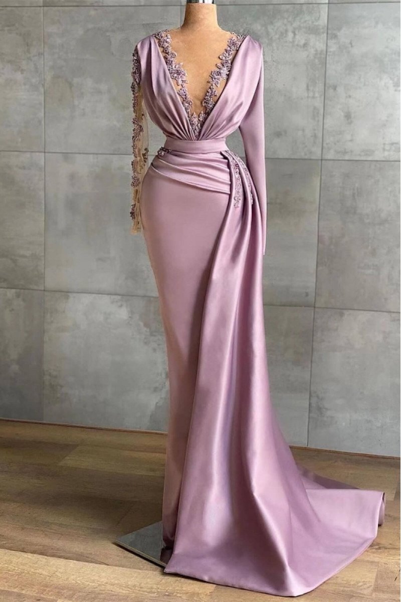 Celine Modern Lilac V-Neck Long Sleeves Appliques Sheath Prom Dresses