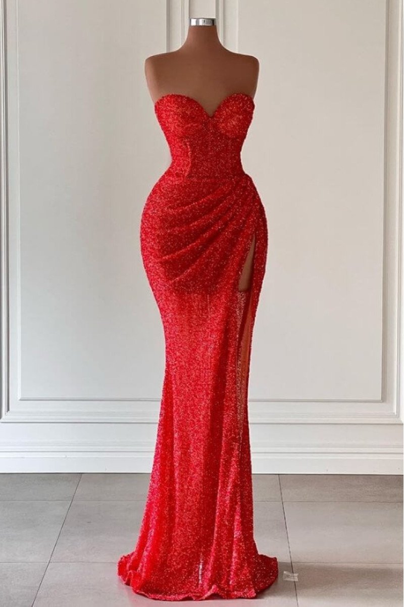 Charleen Fancy Red Sequins Sweetheart Side Slit Sheath Prom Dresses