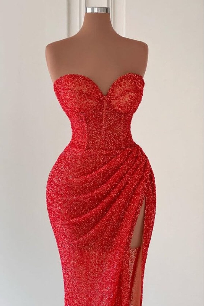 Charleen Fancy Red Sequins Sweetheart Side Slit Sheath Prom Dresses