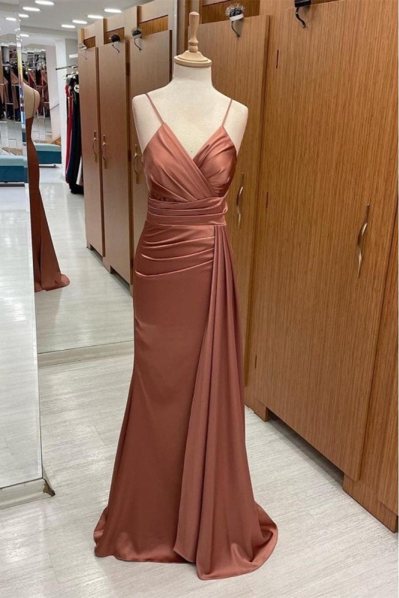 Cheryl Mild Rose Gold Spaghetti Straps Open Back Sheath Prom Dresses