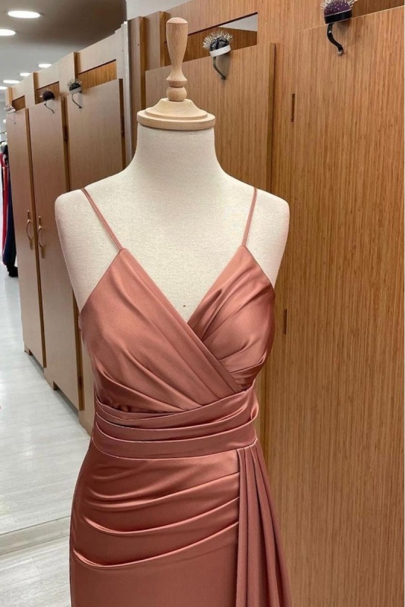 Cheryl Mild Rose Gold Spaghetti Straps Open Back Sheath Prom Dresses