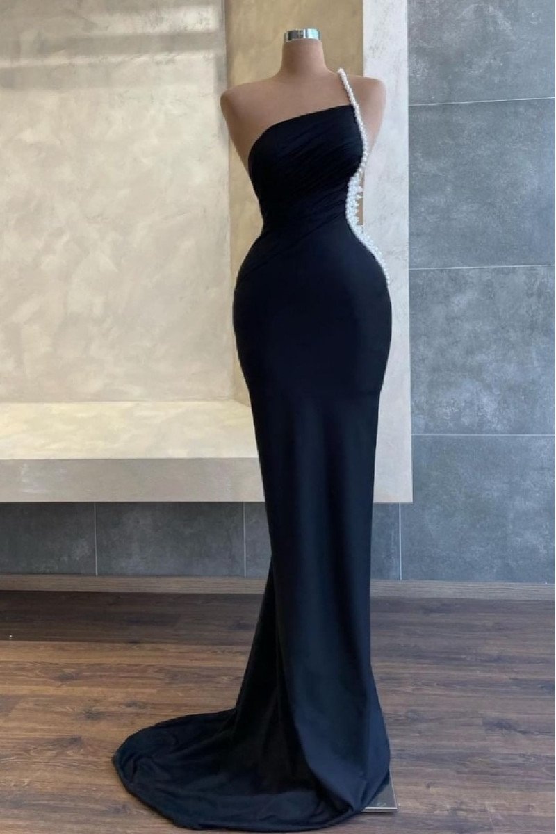 Christian Chic Black One Shoulder Open Back Side Slit Beading Sheath Prom Dresses