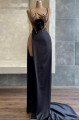 Christie Sexy Black Spaghetti Straps Side Slit Beading Sheath Prom Dresses