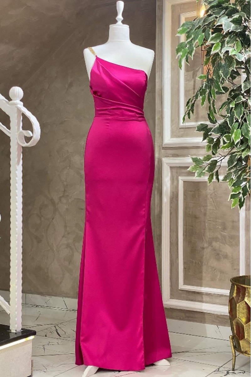 Christy Simple Fuchsia One Shoulder Backless Sheath Prom Dresses