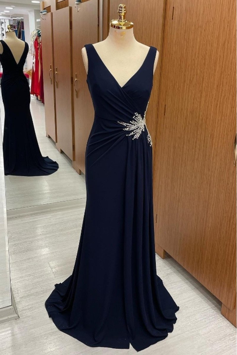 Claire Fancy Dark Navy V-Neck Open Back Beading Sheath Prom Dresses