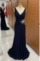 Claire Fancy Dark Navy V-Neck Open Back Beading Sheath Prom Dresses