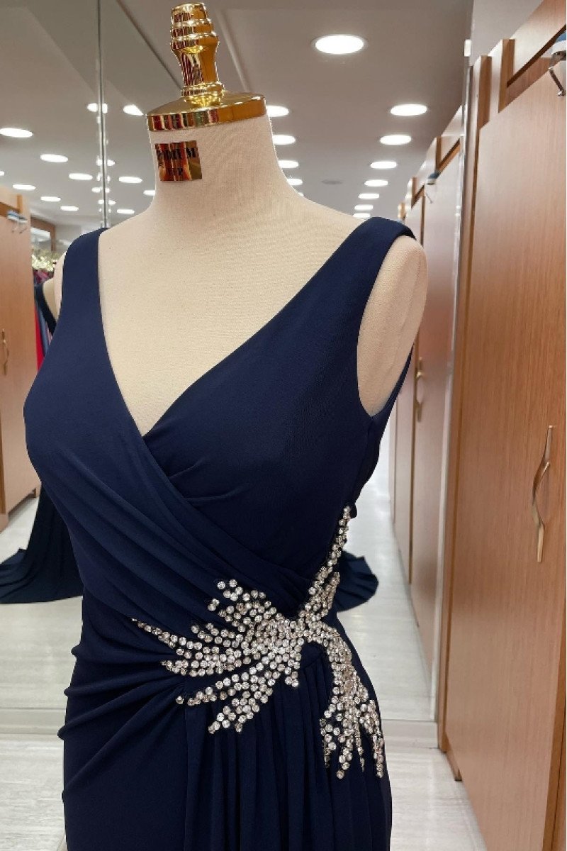 Claire Fancy Dark Navy V-Neck Open Back Beading Sheath Prom Dresses