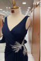 Claire Fancy Dark Navy V-Neck Open Back Beading Sheath Prom Dresses