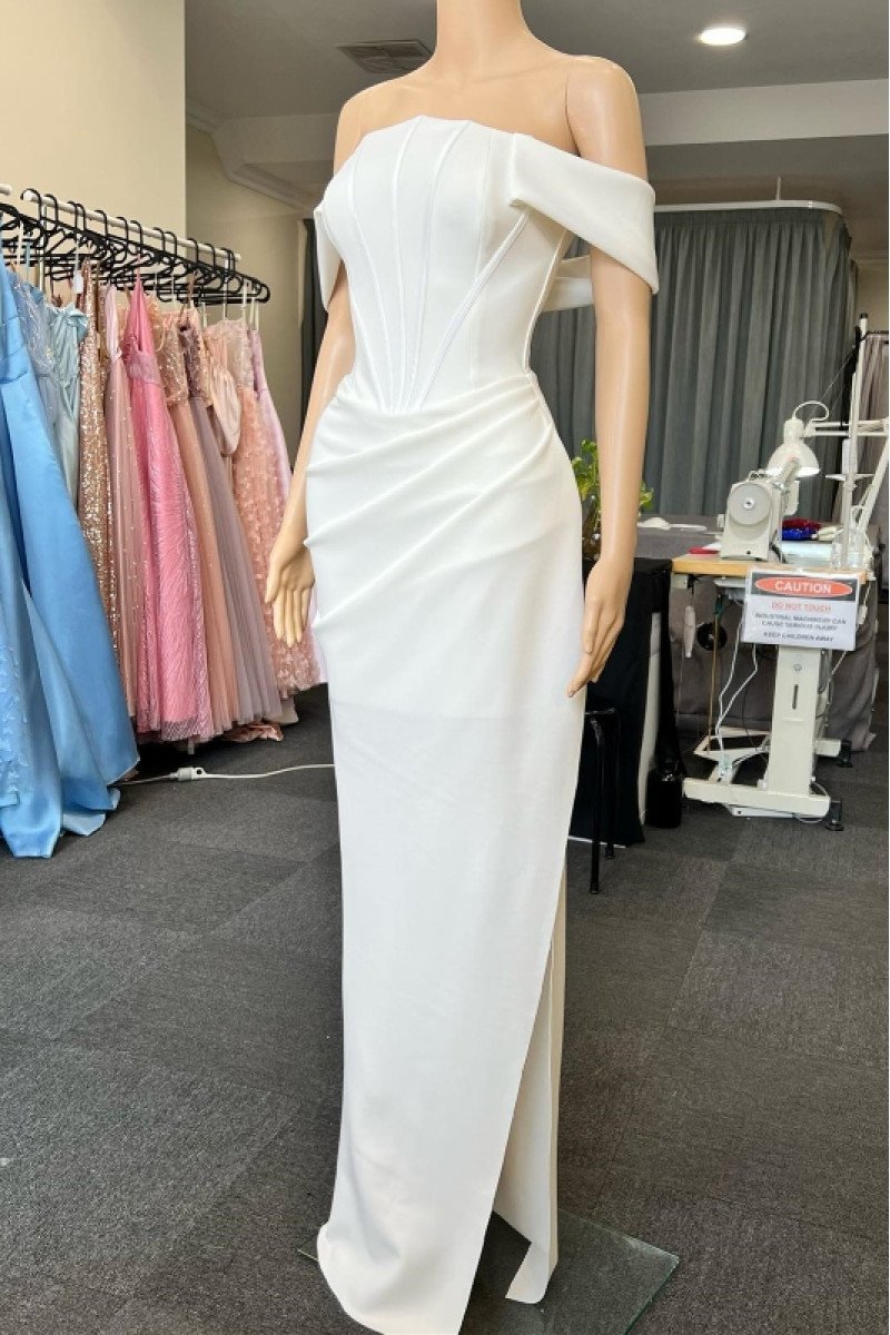 Constance Mild White Off Shoulder Side Slit Sheath Prom Dresses