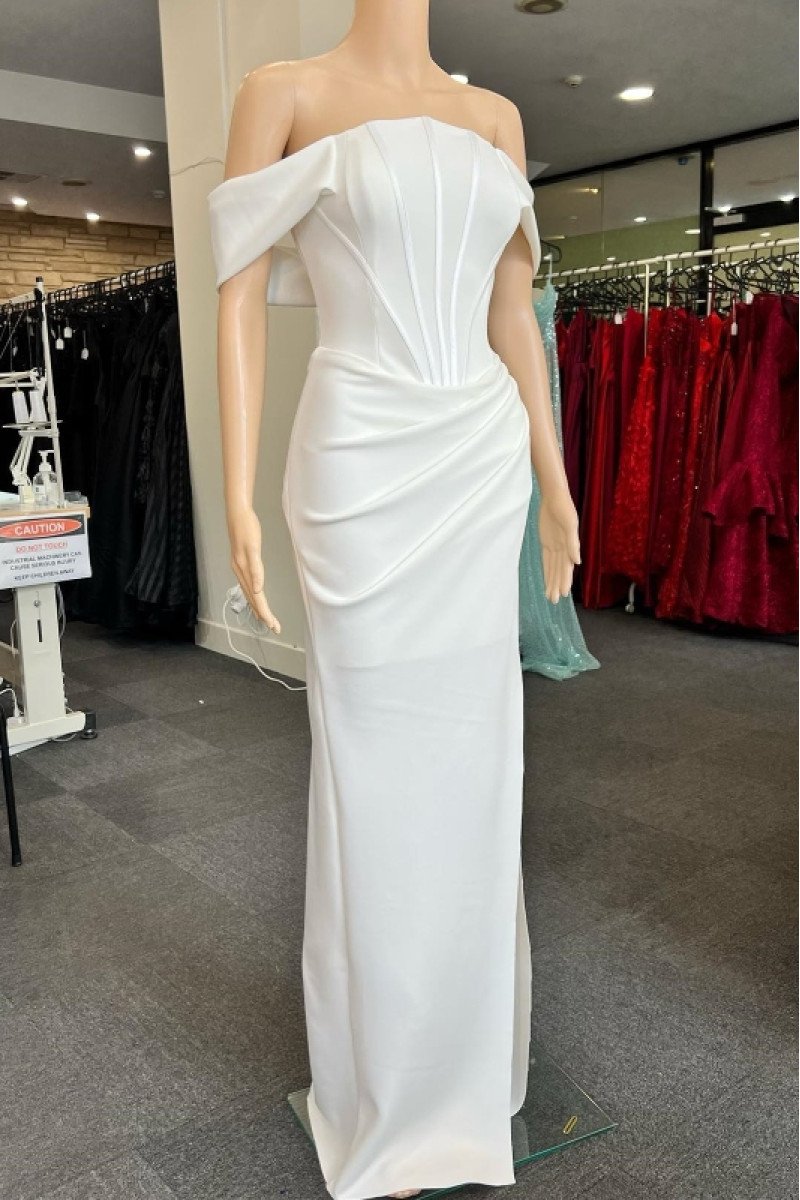 Constance Mild White Off Shoulder Side Slit Sheath Prom Dresses