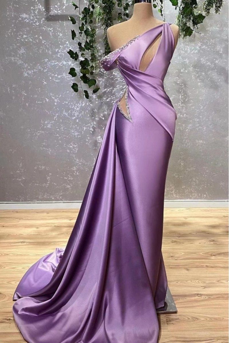 Cora Charming Purple One Shoulder Keyhole Open Back Beading Sheath Prom Dresses