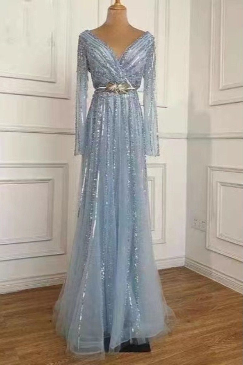 Coral Fancy Sky Blue V-Neck Long Sleeves Sheath Sequins Prom Dresses