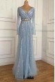 Coral Fancy Sky Blue V-Neck Long Sleeves Sheath Sequins Prom Dresses