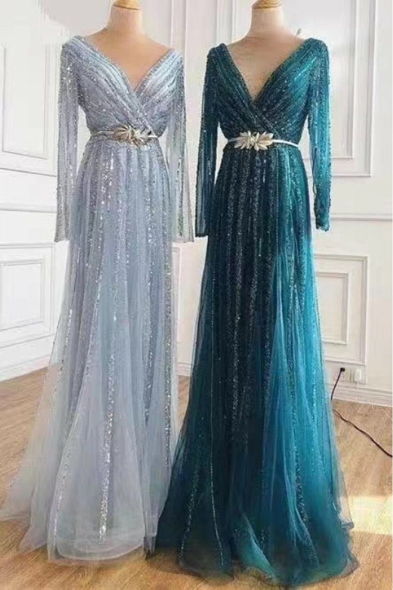 Coral Fancy Sky Blue V-Neck Long Sleeves Sheath Sequins Prom Dresses