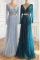 Coral Fancy Sky Blue V-Neck Long Sleeves Sheath Sequins Prom Dresses