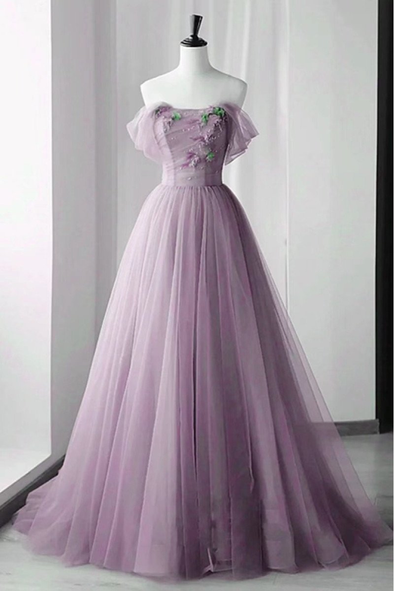 Corey Gentle Lilac Off Shoulder Appliques A-Line Prom Dresses