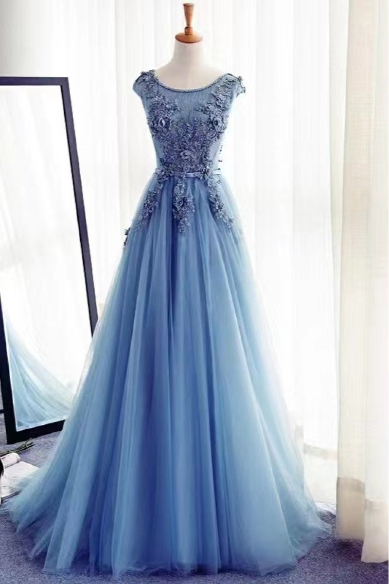 Crystal Beautiful Blue Jewel Open Back Appliques A-Line Prom Dresses