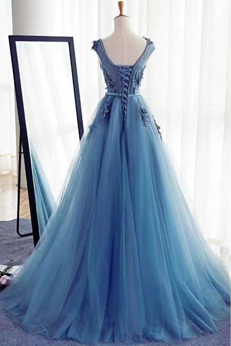 Crystal Beautiful Blue Jewel Open Back Appliques A-Line Prom Dresses