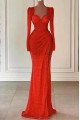 Daisy Sparkle Red Sequins Square Long Sleeves Side Slit Sheath Prom Dresses