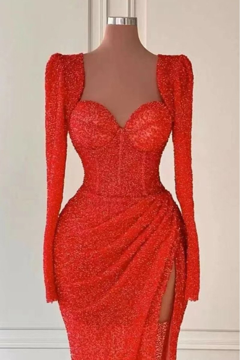 Daisy Sparkle Red Sequins Square Long Sleeves Side Slit Sheath Prom Dresses