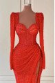 Daisy Sparkle Red Sequins Square Long Sleeves Side Slit Sheath Prom Dresses