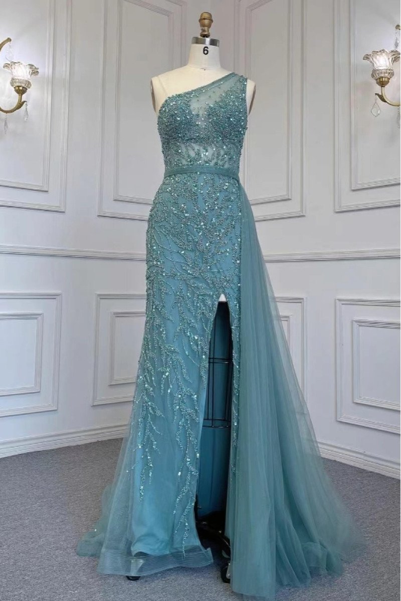 Dallas Chic Jade One Shoulder Open Back Side Slit Sheath Prom Dresses With Appliques