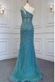 Dallas Chic Jade One Shoulder Open Back Side Slit Sheath Prom Dresses With Appliques