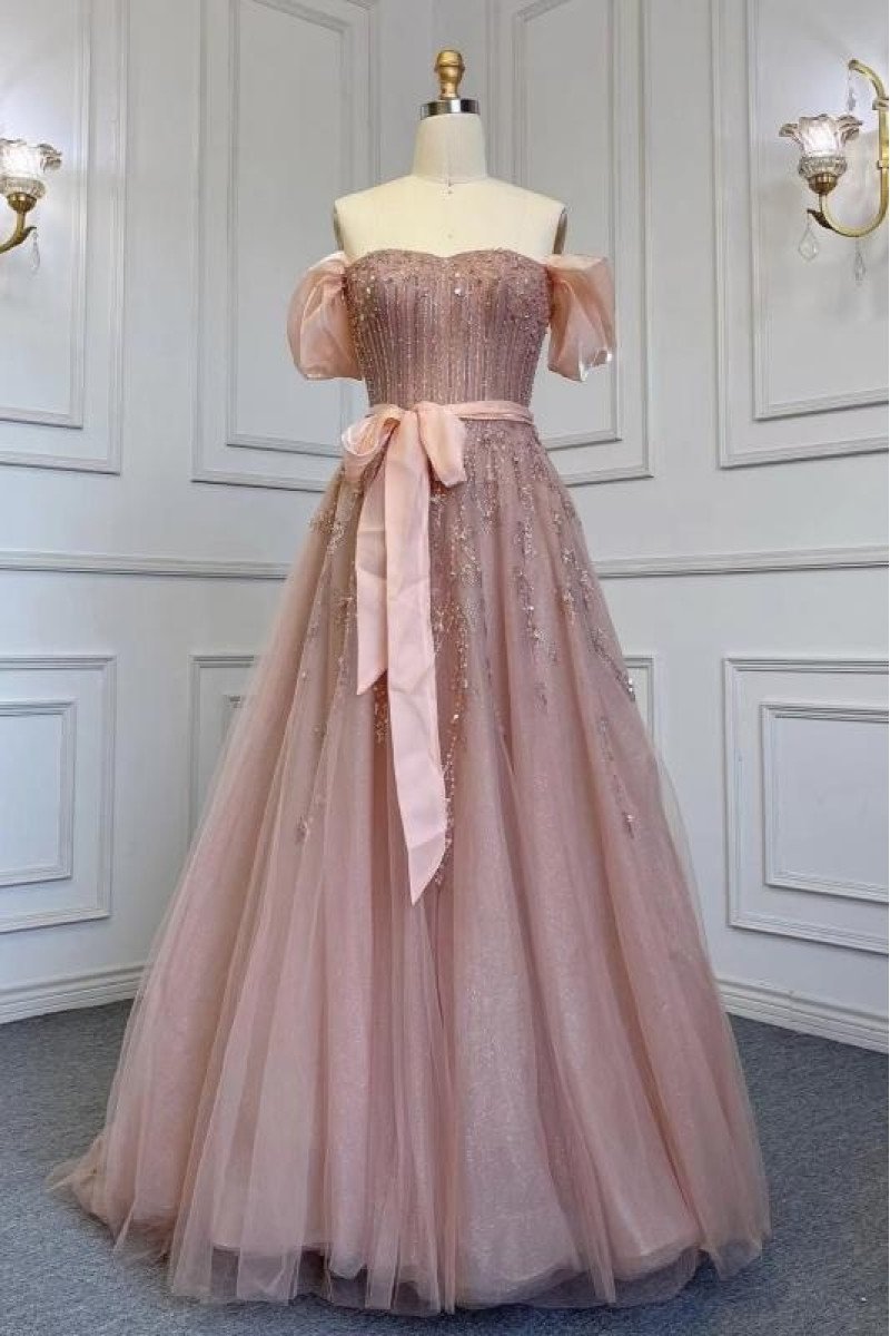 Dana Wonderful Dusty Pink Off Shoulder Beading A-Line Prom Dresses With Bowknot