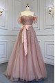 Dana Wonderful Dusty Pink Off Shoulder Beading A-Line Prom Dresses With Bowknot