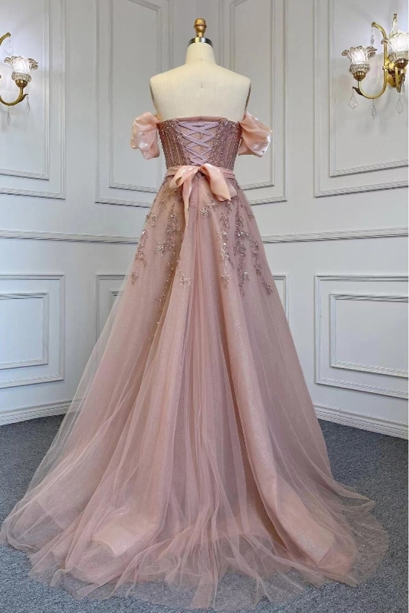 Dana Wonderful Dusty Pink Off Shoulder Beading A-Line Prom Dresses With Bowknot