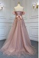 Dana Wonderful Dusty Pink Off Shoulder Beading A-Line Prom Dresses With Bowknot