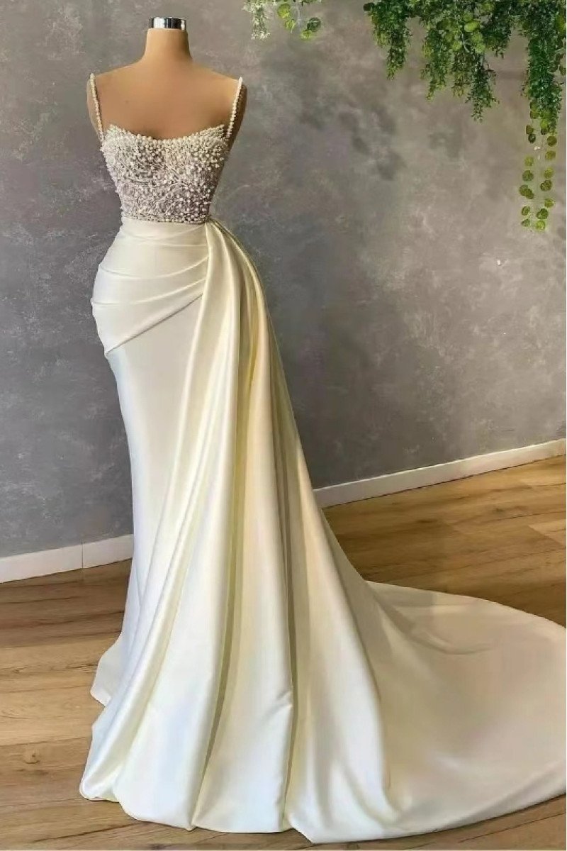 Daphne Luxury Off White Spaghetti Straps Beading Open Back Sheath Prom Dresses