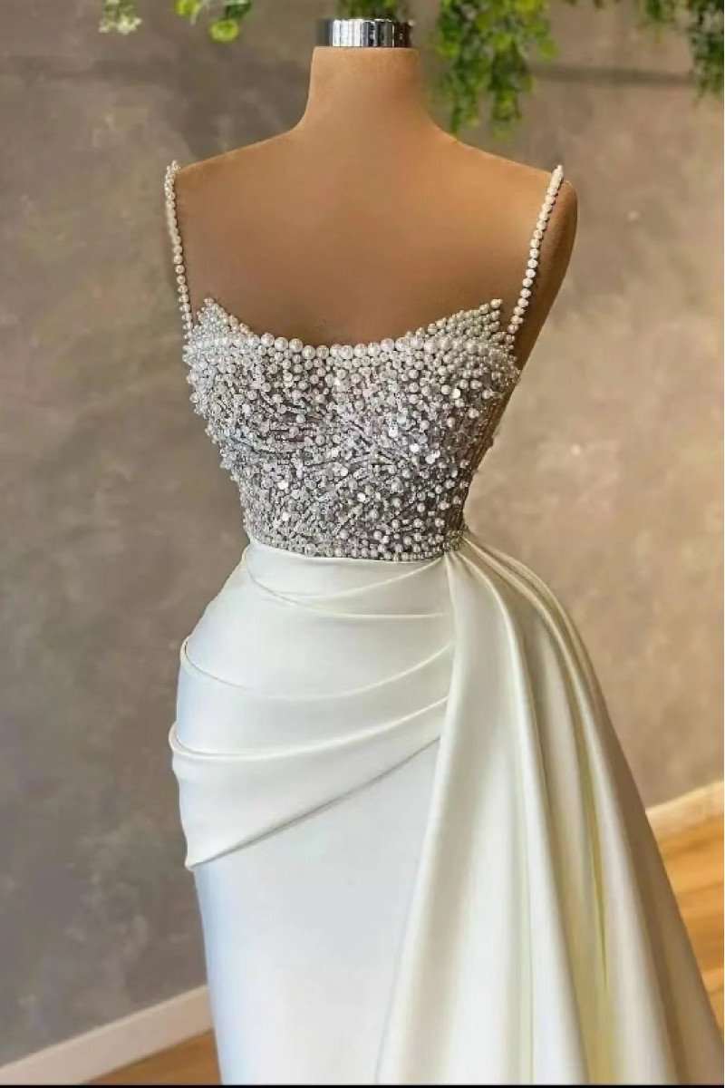 Daphne Luxury Off White Spaghetti Straps Beading Open Back Sheath Prom Dresses